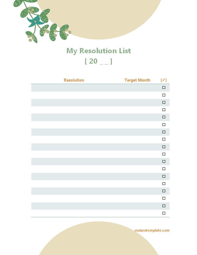 New Year's resolution list template with sections for goals.