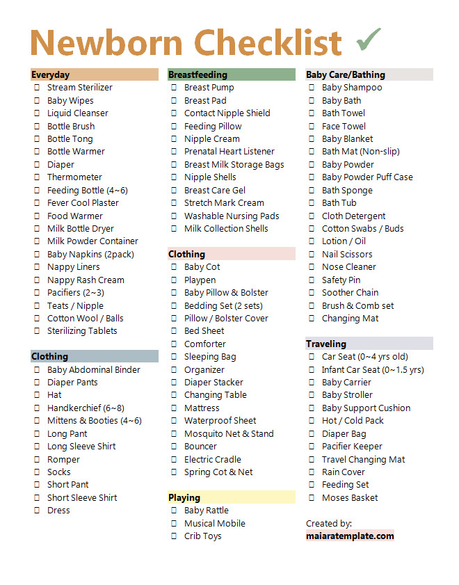 Newborn checklist template with sections for essential baby items, feeding supplies, and diapering needs.