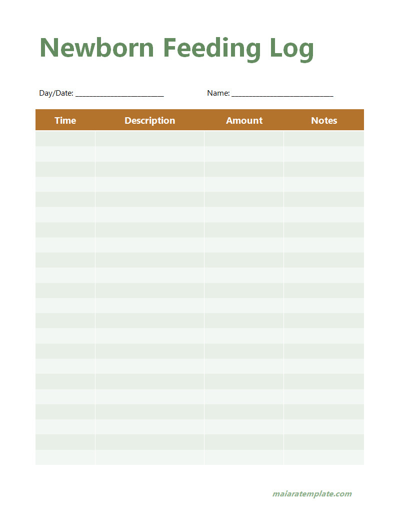 Simple newborn feeding log sheet featuring organized rows for daily feeding records and notes