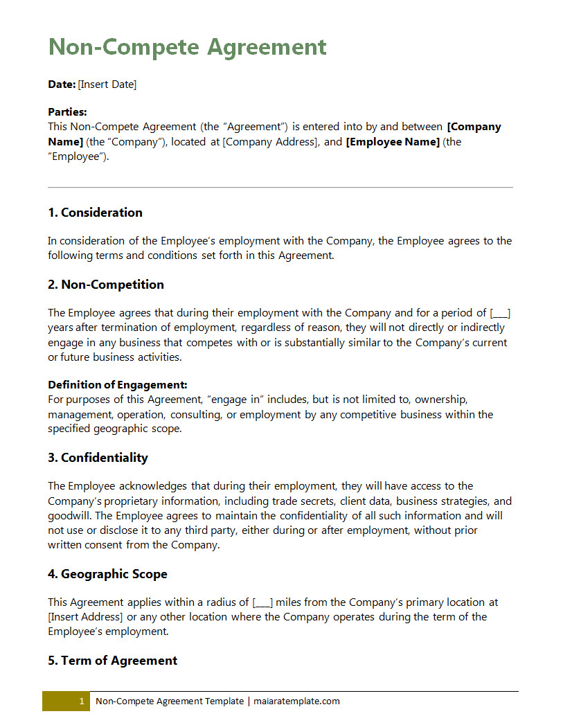 Non-compete agreement template featuring sections for employee details, restricted activities, and duration of restriction to protect business interests.