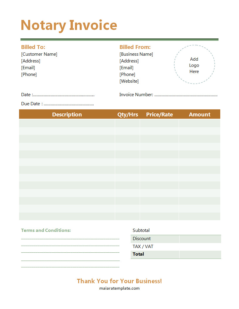 Professional notary invoice template featuring a clean design with sections for client details, notary services rendered, and total payment amount.