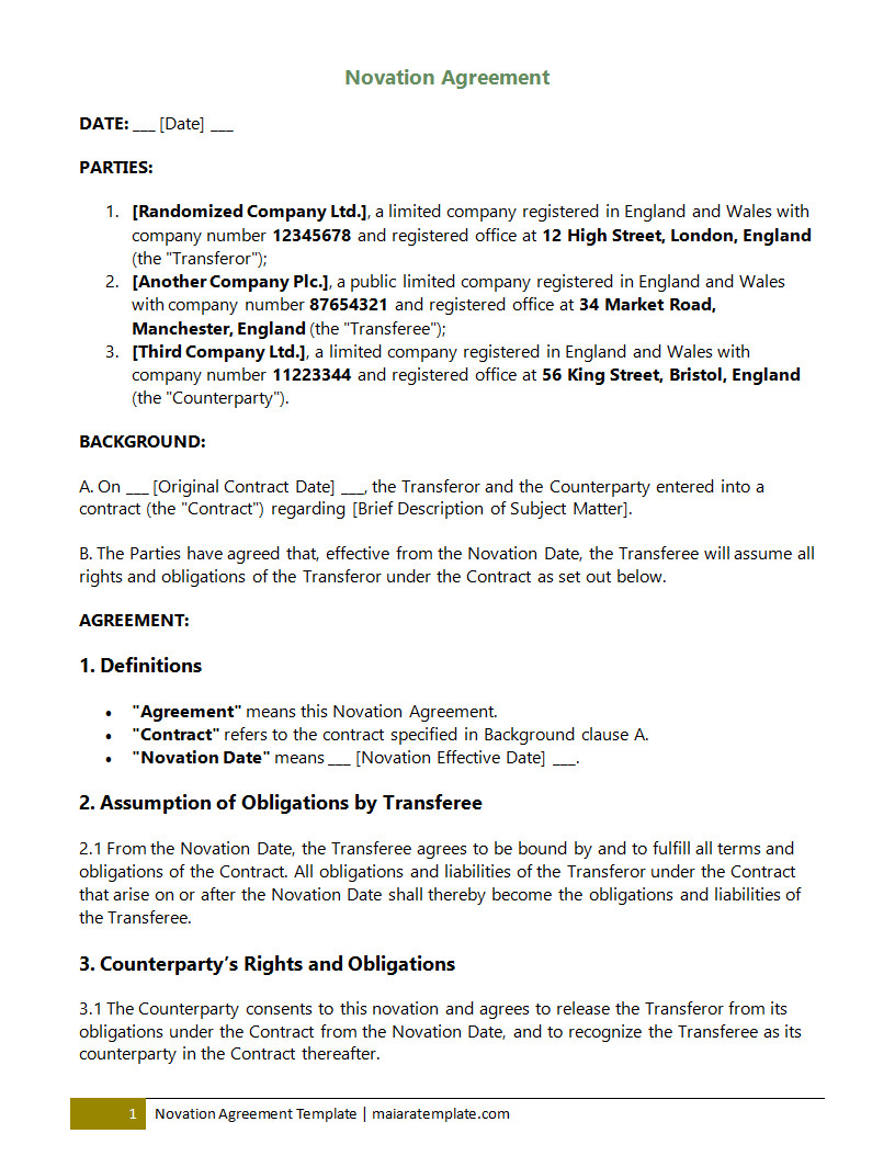 Professional novation agreement template for assigning contract terms from one party to another with clear sections for consent and obligations.