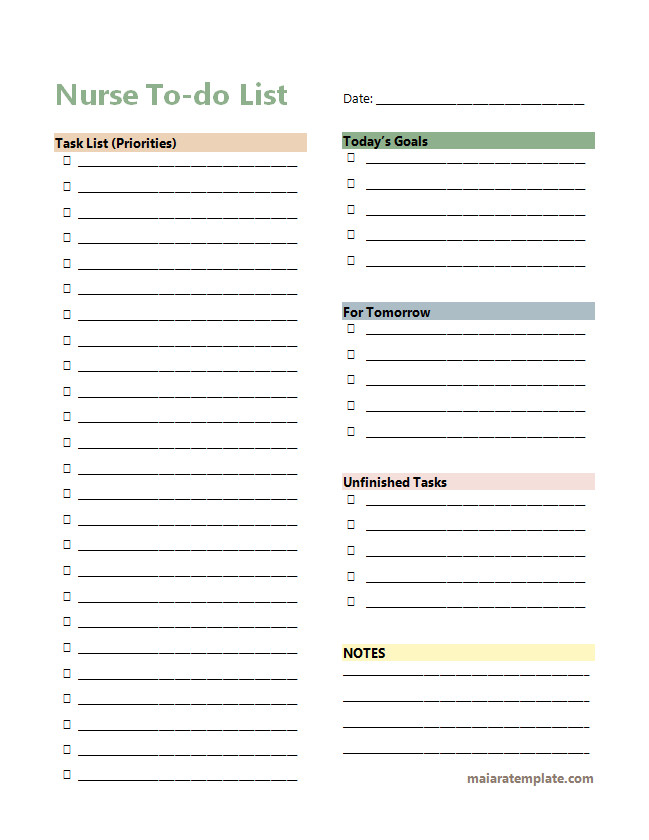 Template for nurse to-do list showing a detailed layout for organizing daily duties, medications, and appointments.