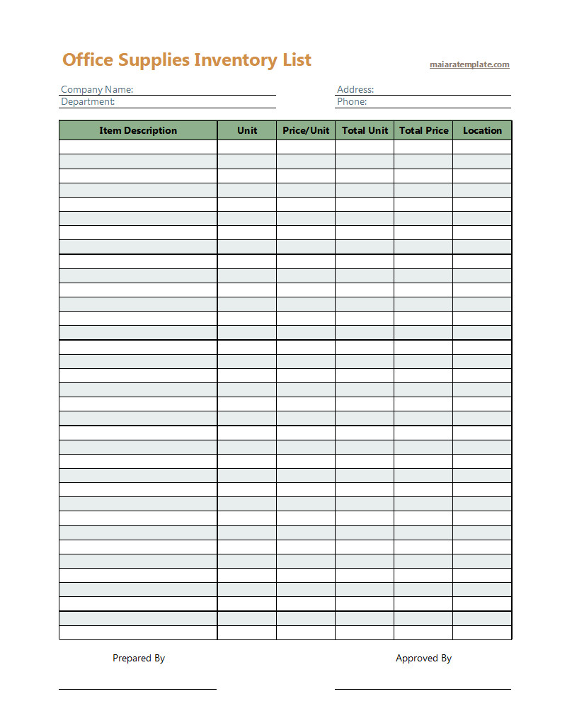 Printable office supplies inventory template with space for noting item codes, current stock, and storage locations