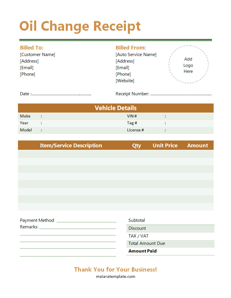 Oil Change Receipt Template with Sections for Vehicle Details, Service Date, and Total Cost