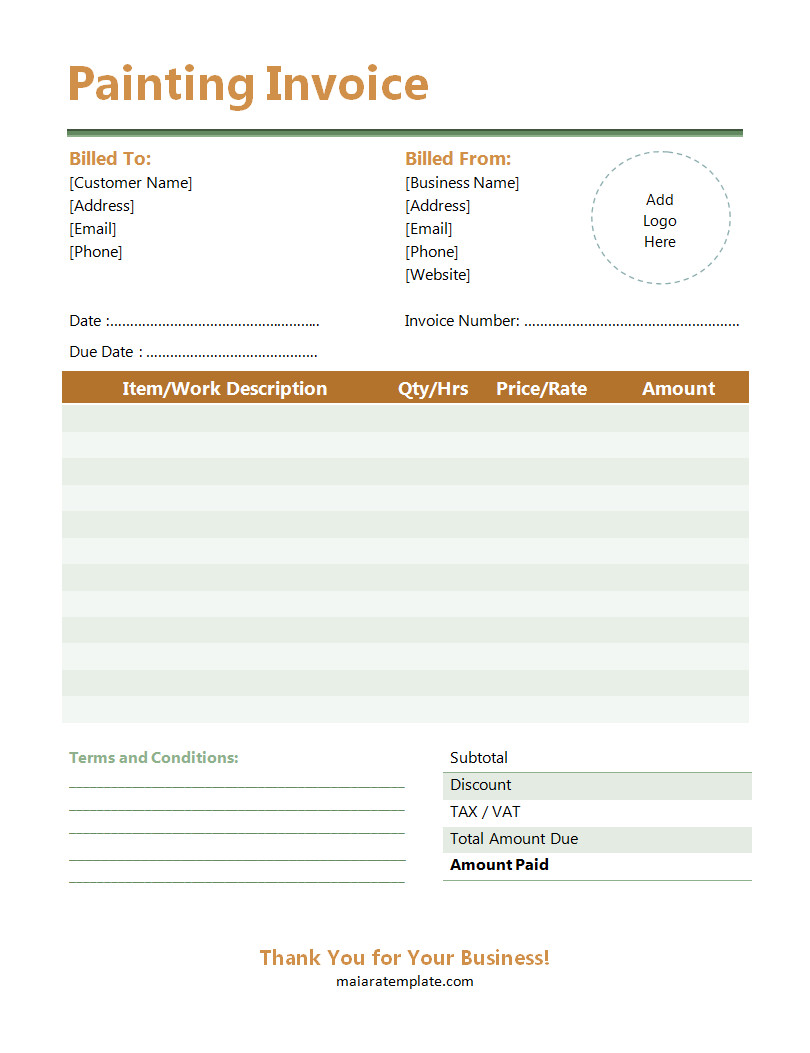 Professional painting invoice template featuring sections for client details, project description, paint materials, and total payment due.