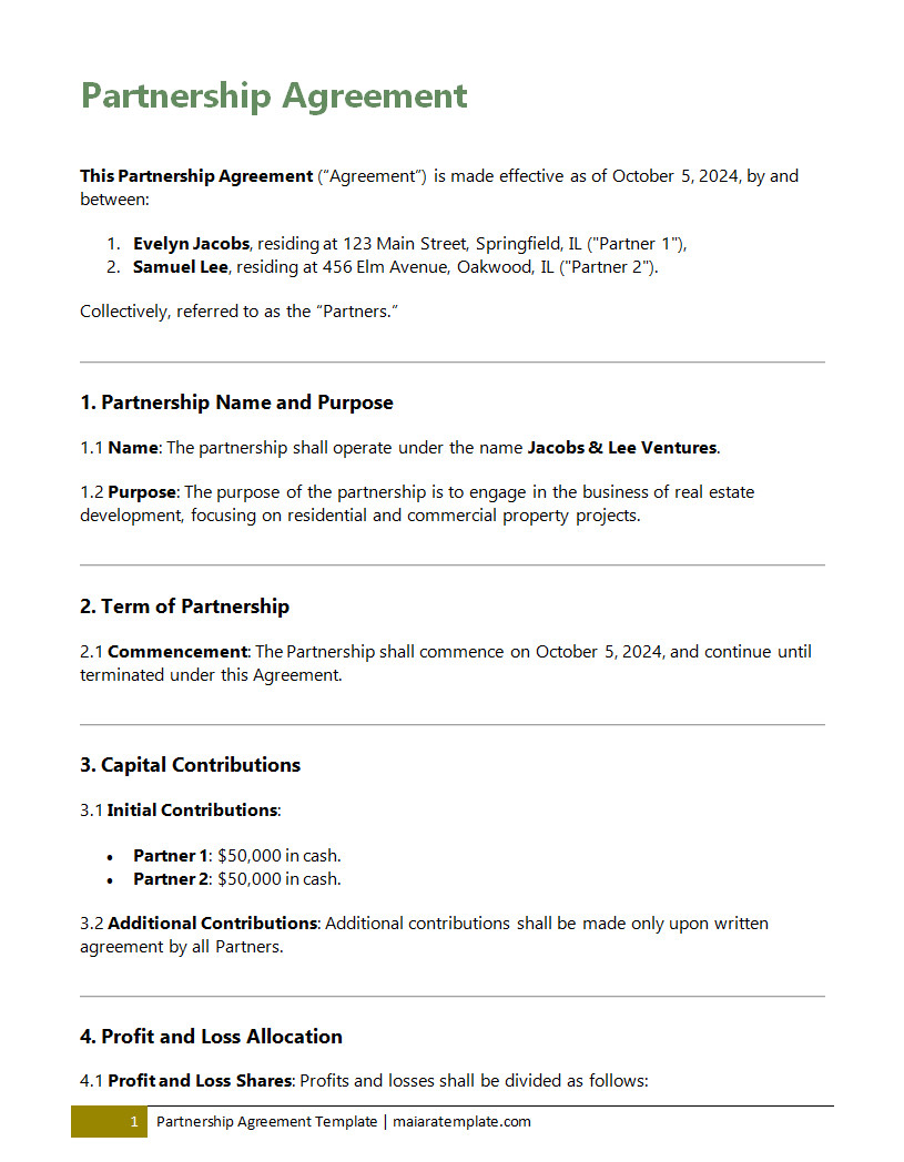 Partnership agreement template featuring sections for partner roles, profit-sharing ratios, decision-making procedures, and initial capital contributions.