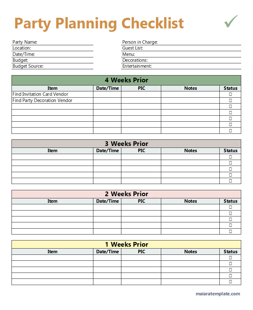 Printable party planning checklist template with space for noting supplies, timelines, and party themes