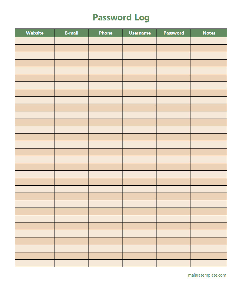 Password log template with columns for website names, usernames, and secure password storage.