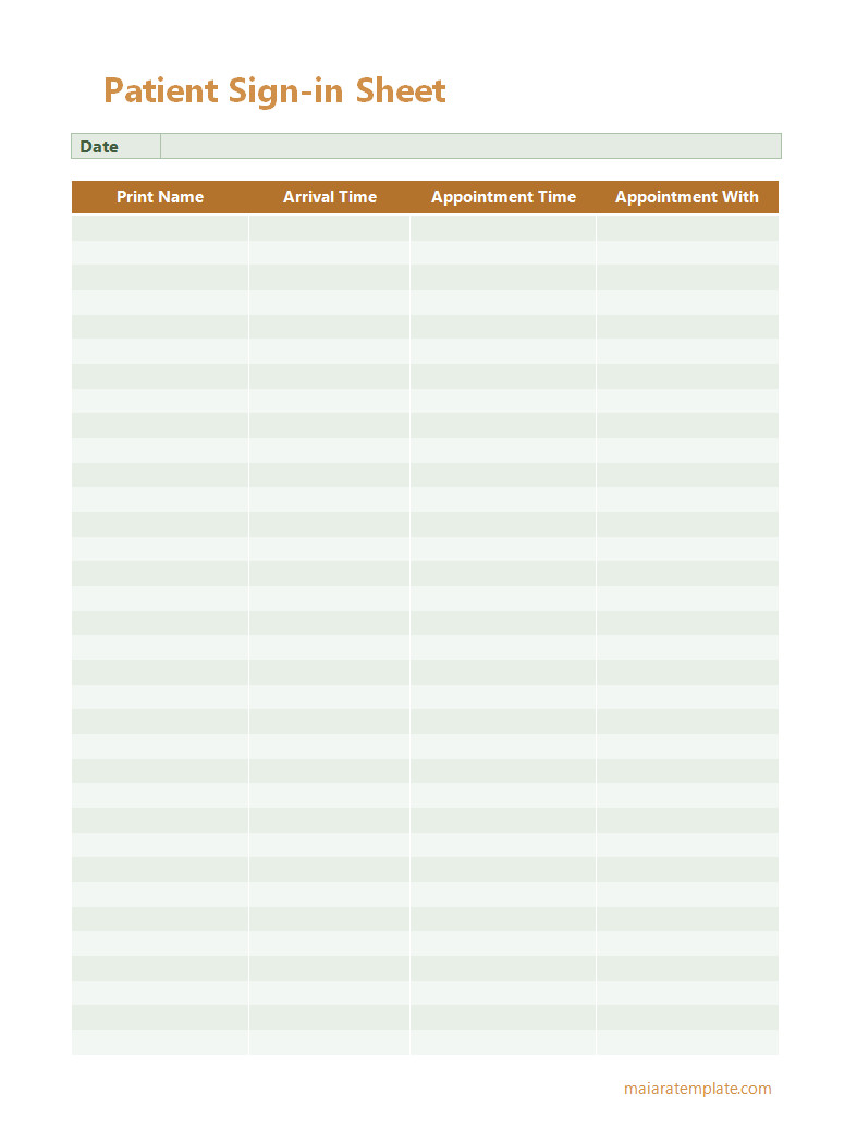 Patient sign-in sheet template featuring columns for patient name, appointment time, and contact information.