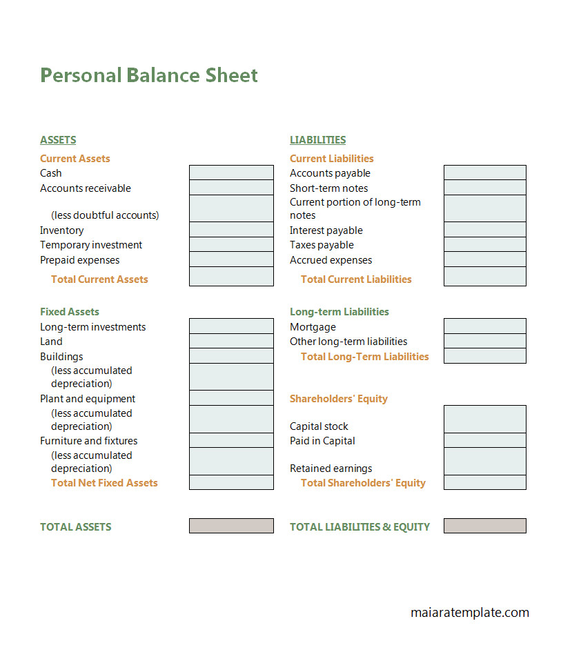 Simple personal financial statement template showcasing assets, liabilities, and net worth.