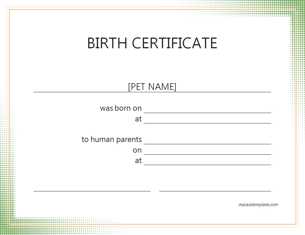 Printable Pet Birth Certificate Template