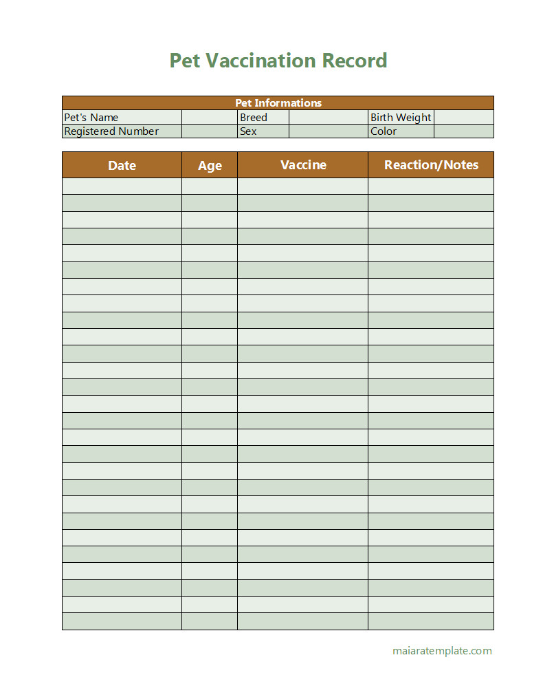 Printable pet vaccination record template designed for organizing your pet's immunization history.