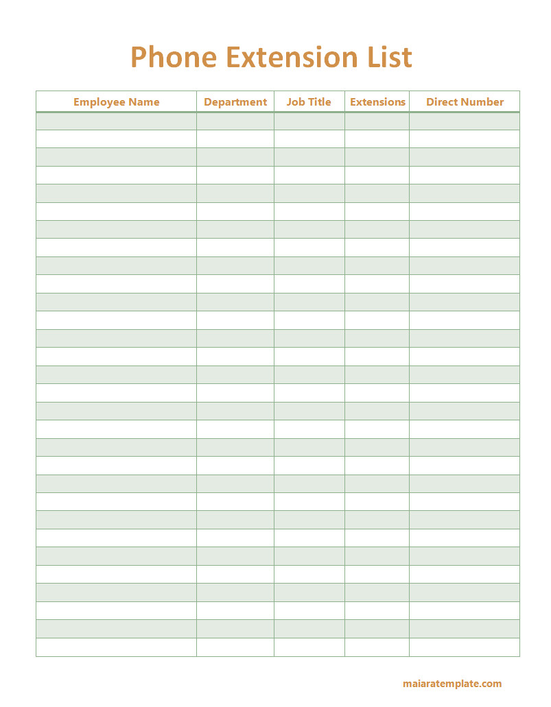 Phone extension list template with sections for employee names, phone extensions, and departments