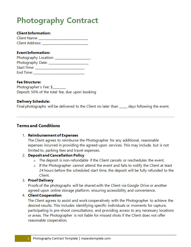 Photography contract template featuring sections for services provided, payment terms, copyright details, and delivery timeline to outline the photographer's responsibilities.