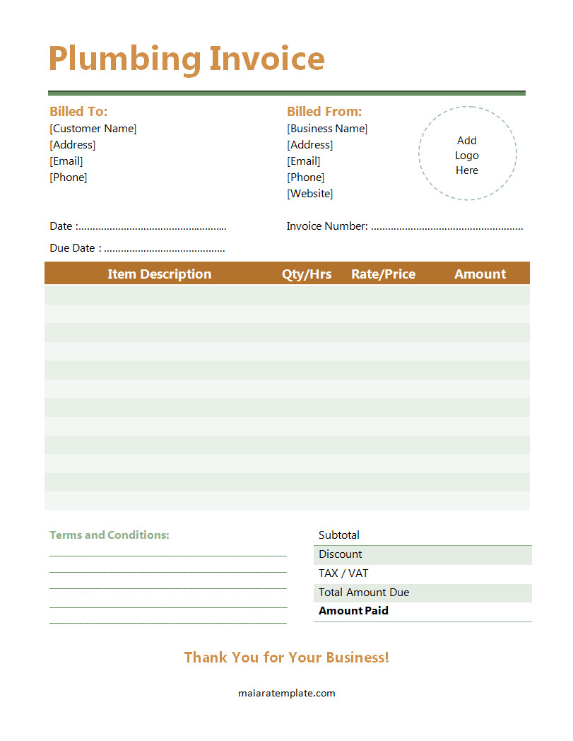 Editable plumbing invoice template featuring fields for plumber’s details, service date, itemized repairs, and total payment due.