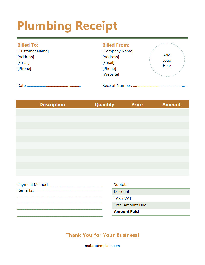 Sample Plumbing Receipt Template Featuring Fields for Customer Information, Parts Used, and Payment Method