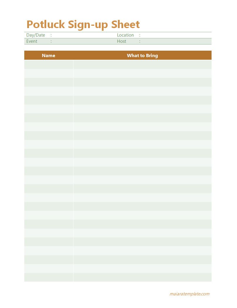 Simple potluck sign-up sheet template featuring a clean layout with sections for guest names and dish contributions.