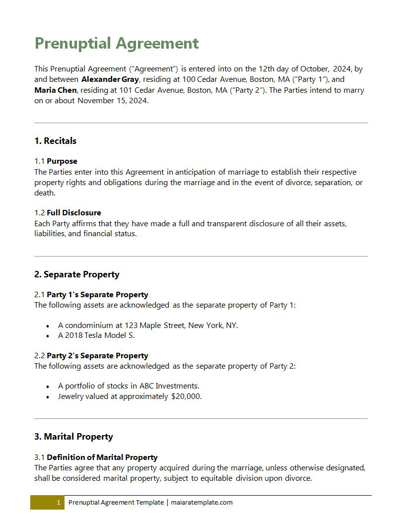 Prenuptial agreement template featuring sections for asset disclosure, debt allocation, property rights, and spousal support terms for clarity in marriage arrangements.