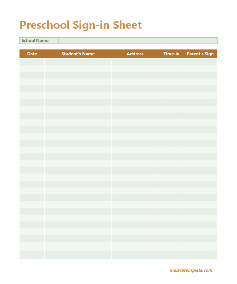 Preschool sign-in sheet template with columns for child’s name, arrival time, and parent or guardian signature.