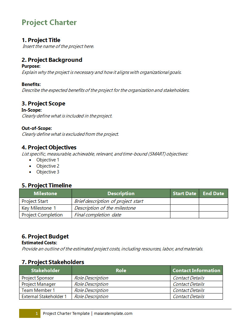 Detailed project charter template with sections for objectives, scope, stakeholders, and timeline