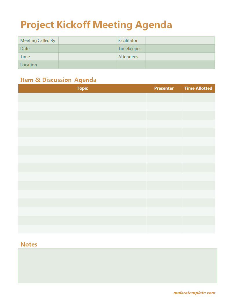 Comprehensive project kickoff meeting agenda template designed to outline project goals, roles, responsibilities, and next steps.