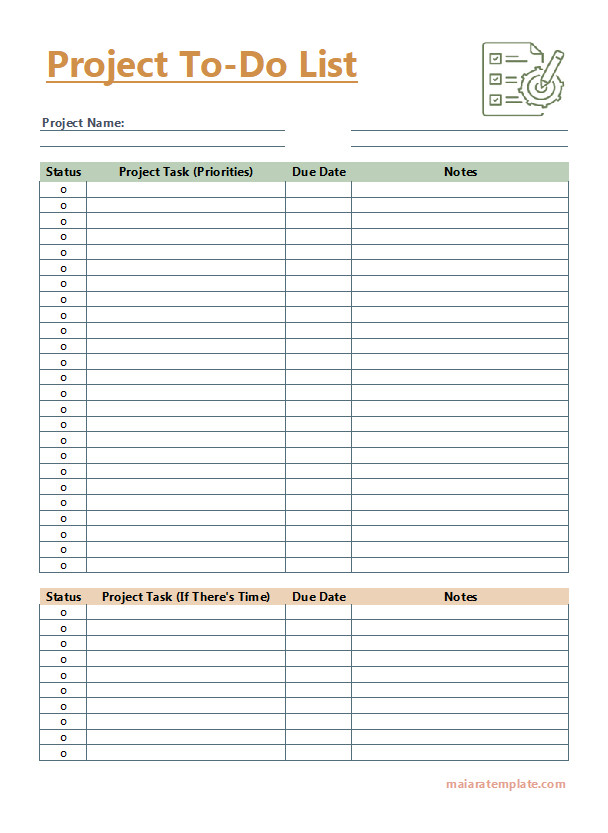 Blank project to-do list template showing sections for task names, priorities, and completion dates.