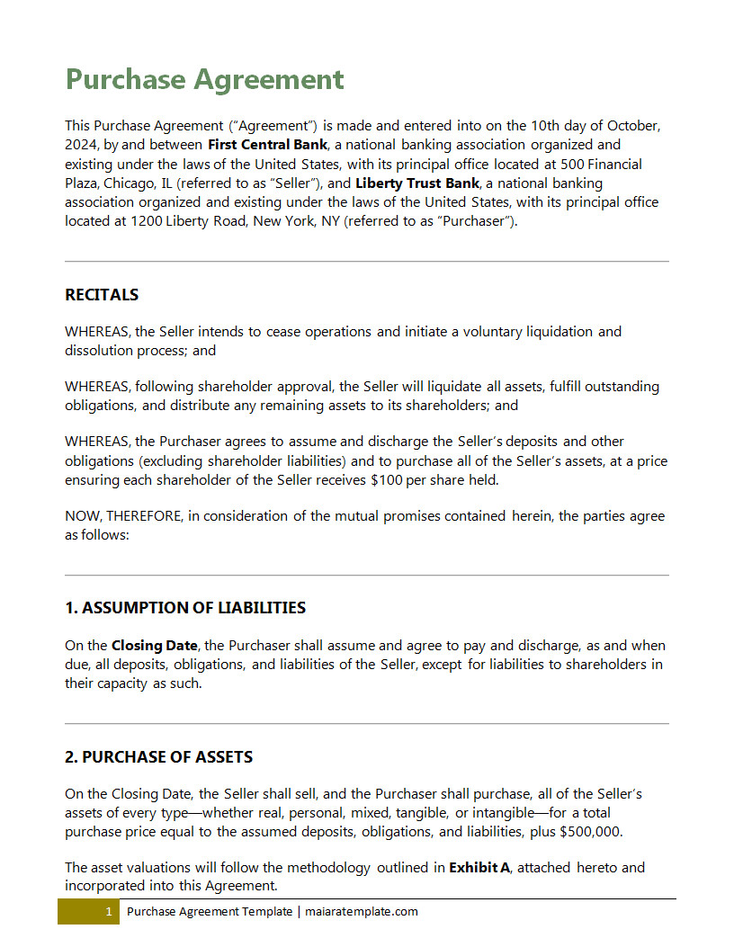 Purchase agreement template featuring sections for buyer and seller information, item descriptions, payment terms, and delivery conditions to outline sale terms