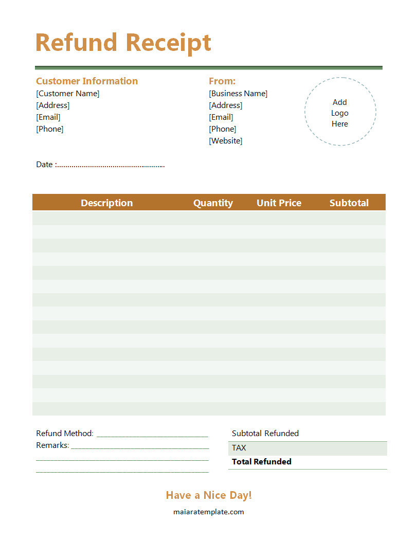 Sample Refund Receipt Template Featuring Fields for Original Purchase Details, Refund Method, and Date of Transaction