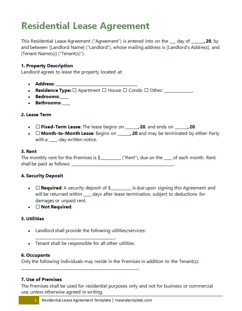 Comprehensive residential lease agreement template with fields for lease duration, property description, maintenance responsibilities, and payment terms.