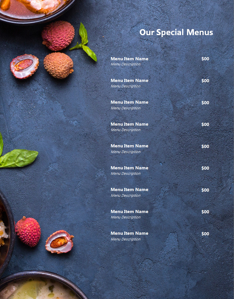 Customizable restaurant menu template with bold typography and vibrant food illustrations for a stylish dining presentation