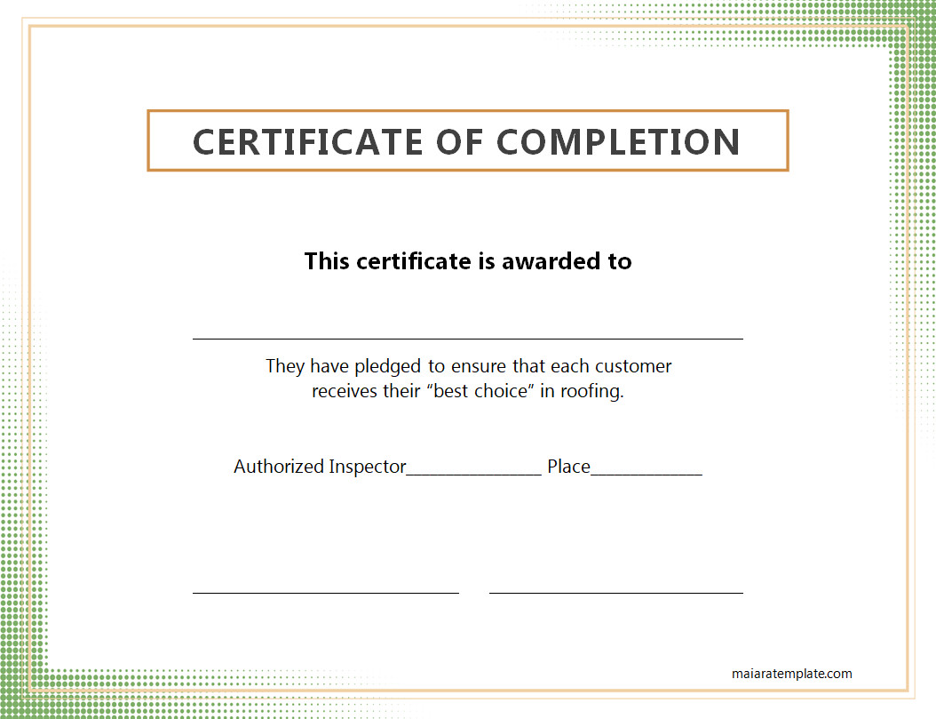 Printable Roofing Certificate of Completion Template