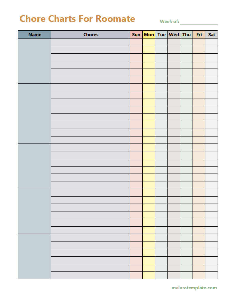 Editable Roommate Chore Chart Template with Fields for Task Details, Roommate Names, and Completion Tracking