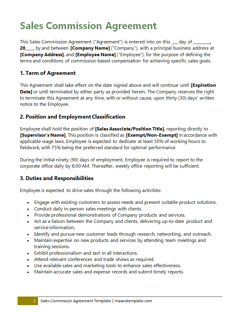 Printable sales commission agreement template designed for businesses and salespeople, with customizable fields for commission percentages and incentives.