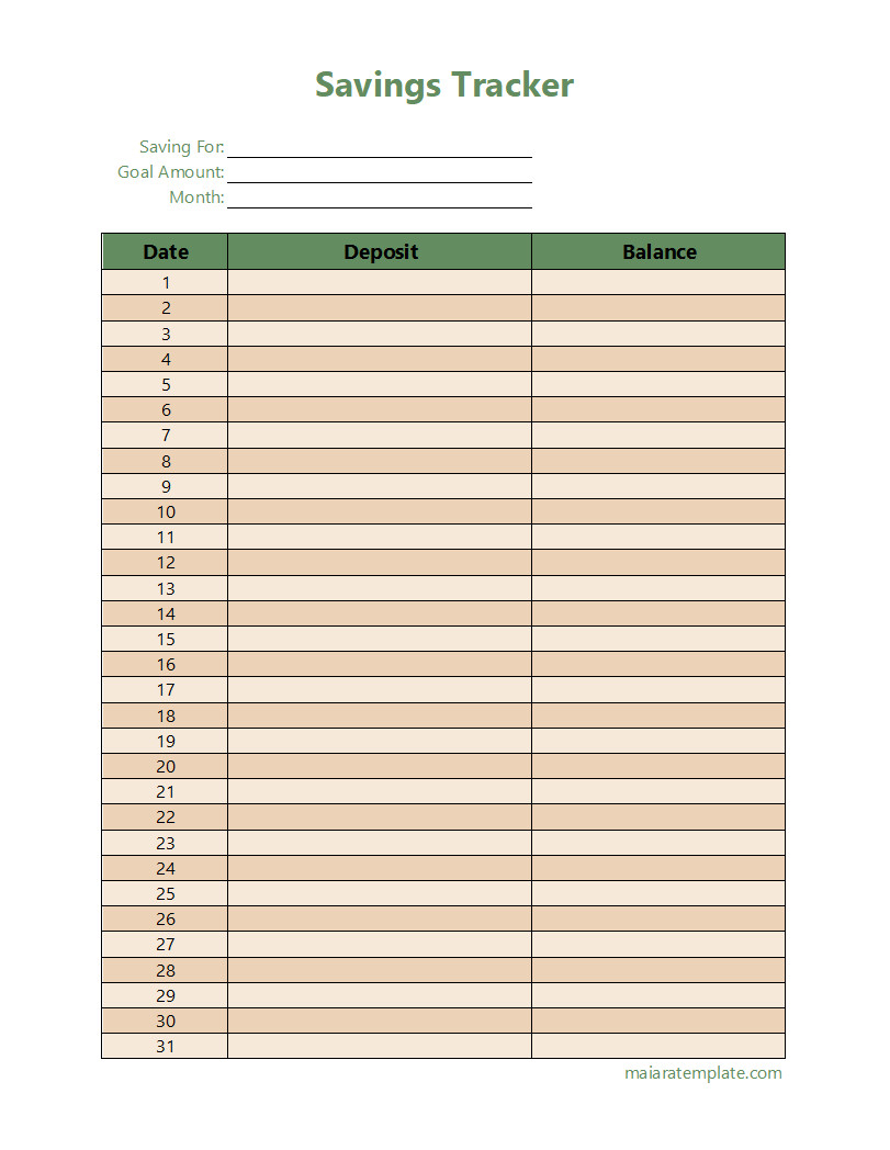 Minimalistic savings tracker template with columns for target amount, savings date, and balance updates.