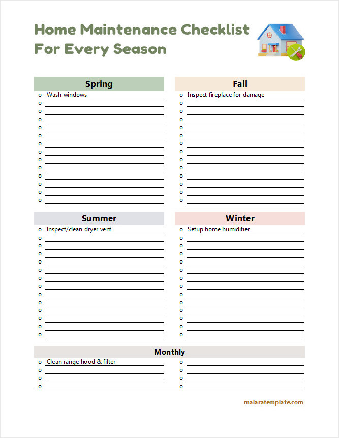 Seasonal home maintenance checklist template with tasks organized by spring, summer, fall, and winter.