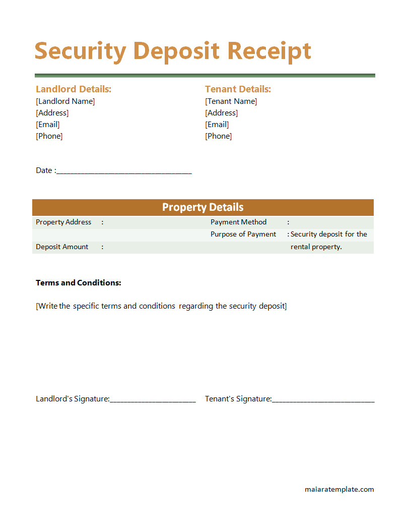 Security Deposit Receipt Template with Sections for Tenant Name, Property Address, and Deposit Amount