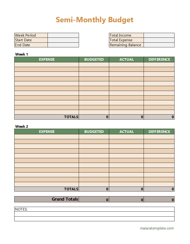 Printable semi-monthly budget template designed for tracking finances over two pay periods