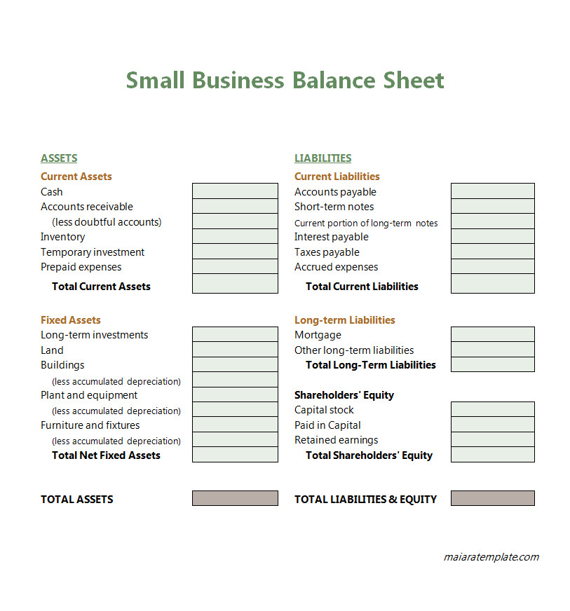 Professional small business balance sheet template with assets, liabilities, and equity sections.