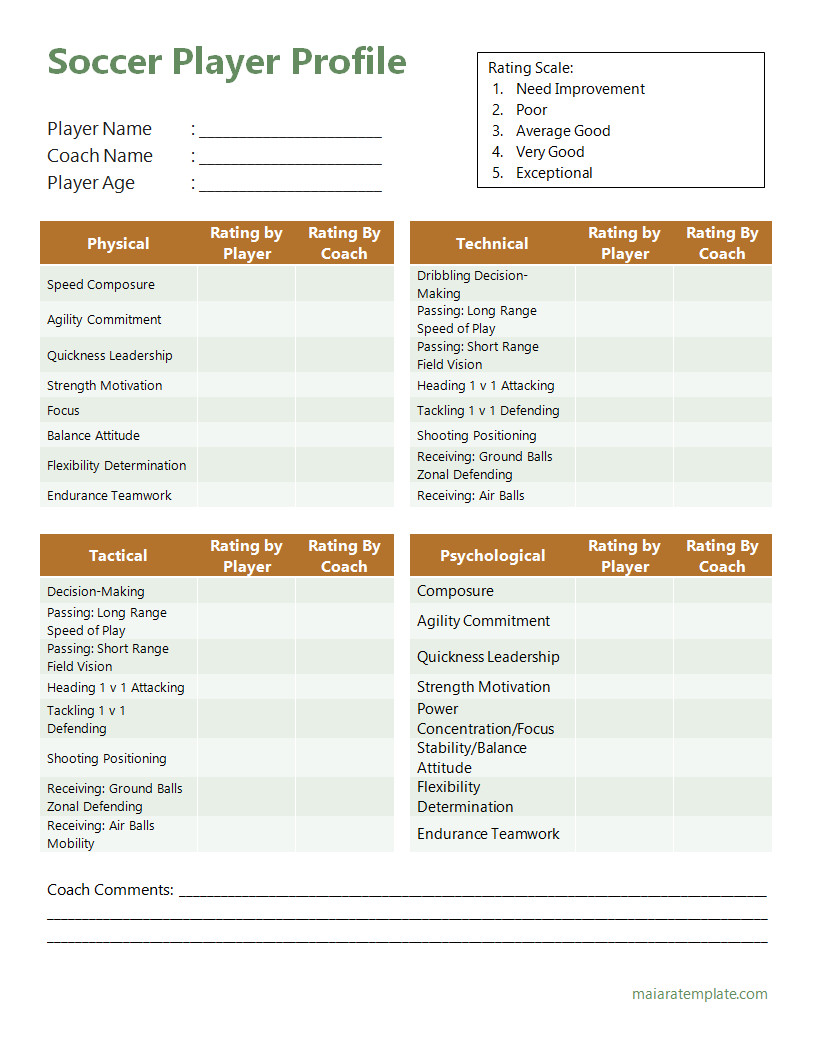 Customizable soccer player profile template with fields for name, position, stats, and team details