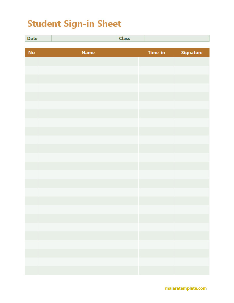 Simple student sign-in sheet template designed to track daily attendance with fields for names and signatures.