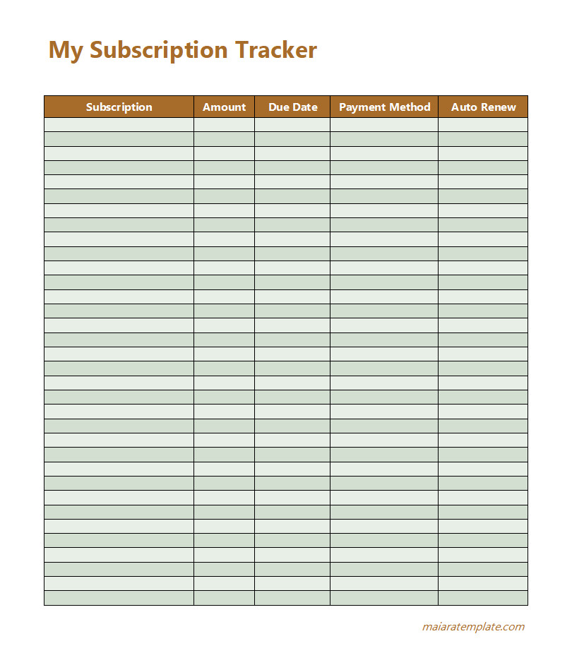 Organized subscription tracker template displaying service names, costs, due dates, and renewal status