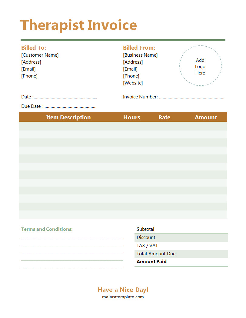 Editable therapist invoice template with fields for therapist information, client billing, itemized session costs, and payment terms.