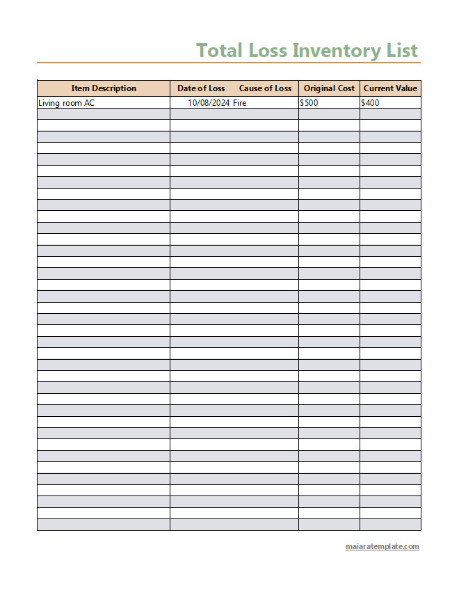 Total loss inventory list template with sections for item descriptions, quantities, and estimated values.