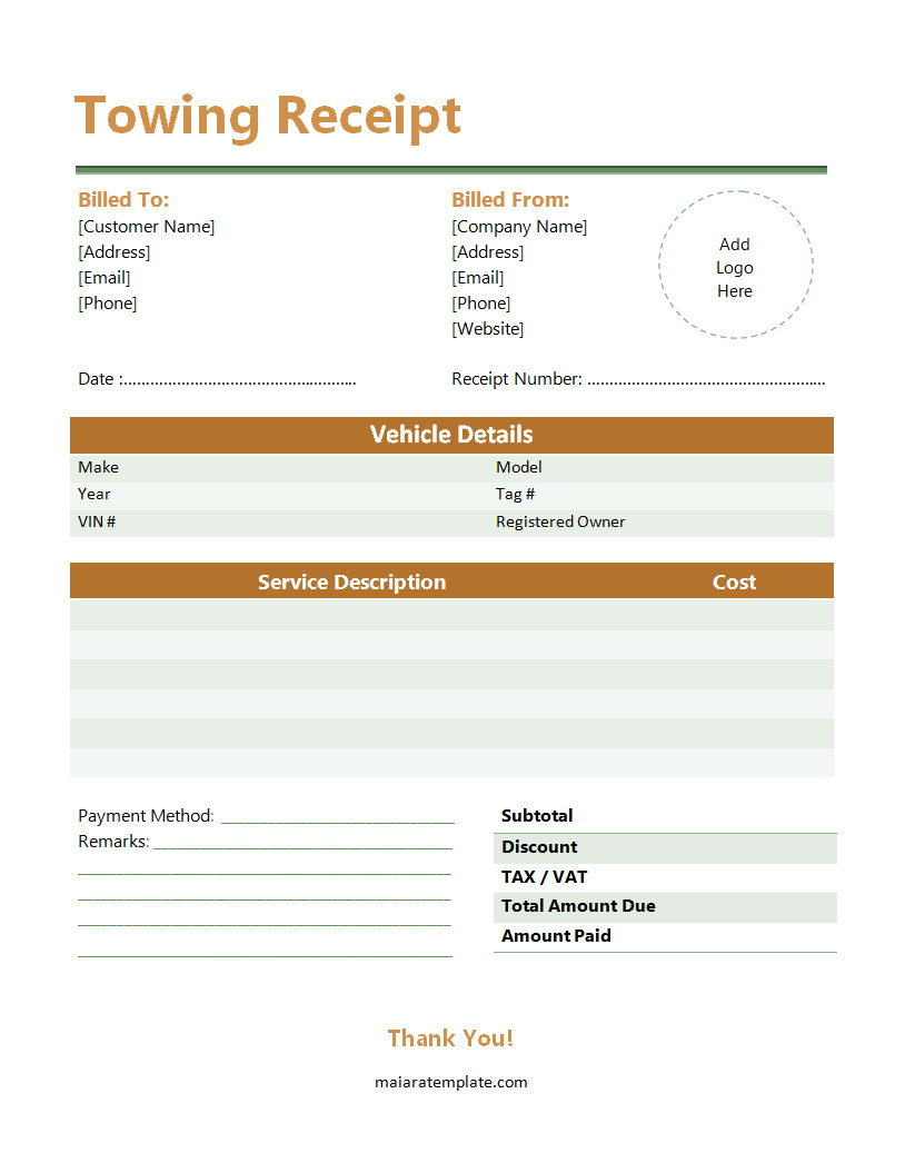 Towing Receipt Template with Sections for Towing Service Details, Vehicle Information, and Total Charges