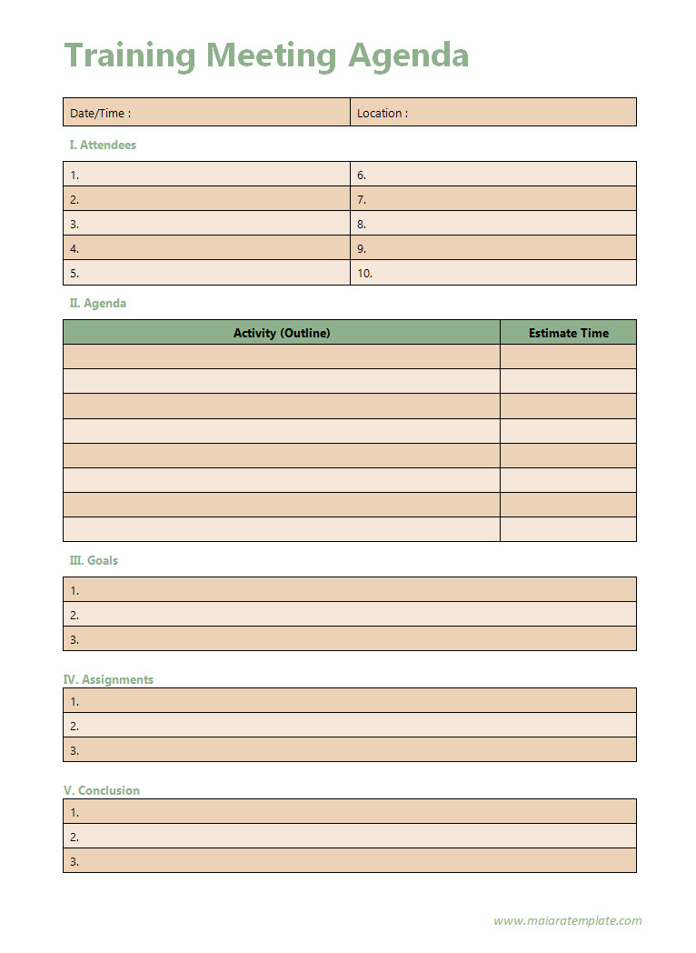 Customizable Training Meeting Agenda Template with Spaces for Date, Attendees, and Training Topics