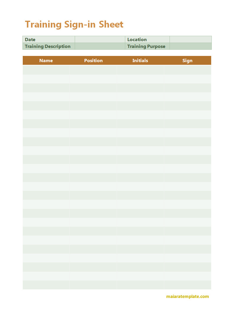 Simple training sign-in sheet template designed for tracking participants' attendance with fields for name and contact details.