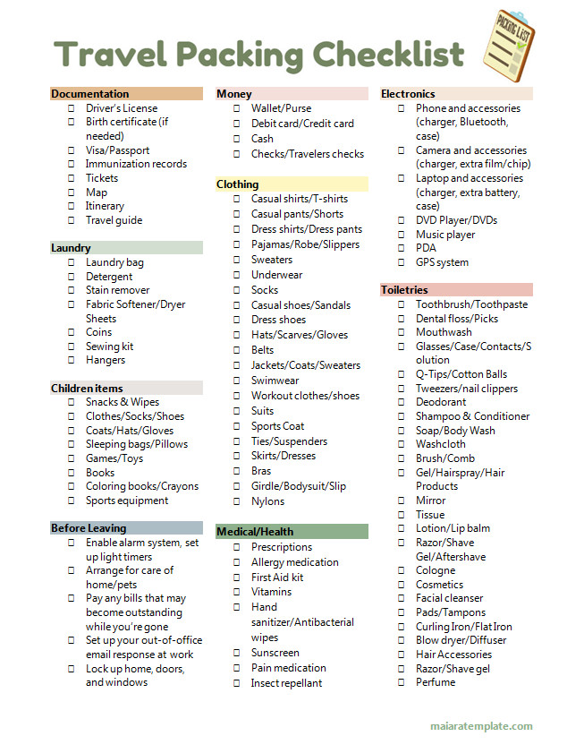 Printable travel packing checklist template for ensuring you pack all necessary items.