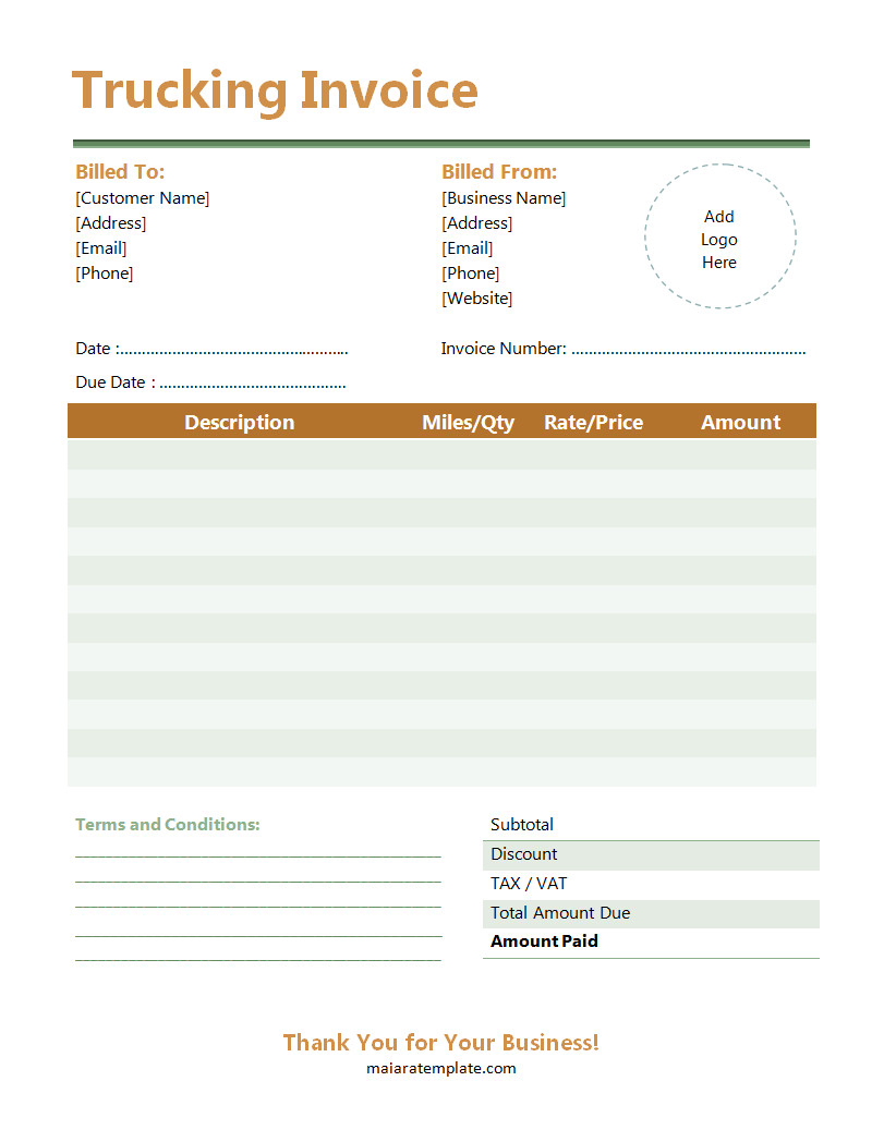 Professional trucking invoice template featuring sections for client details, shipment information, distance traveled, and total freight charges.