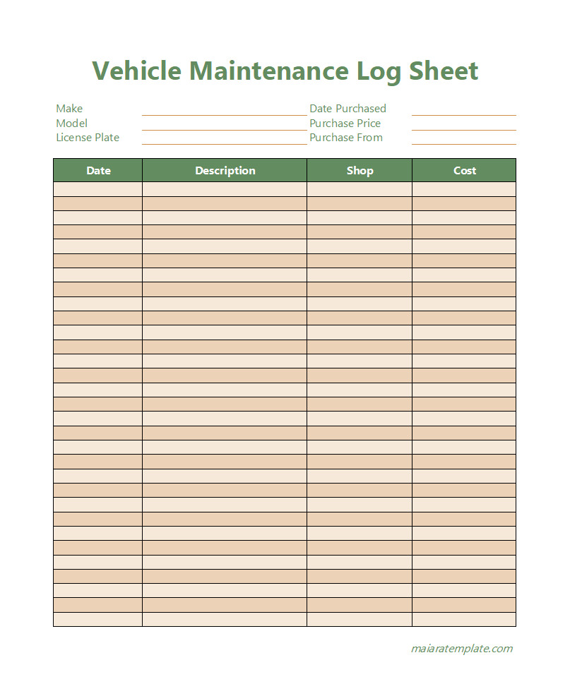 Comprehensive vehicle maintenance log template with sections for service dates, costs, and notes